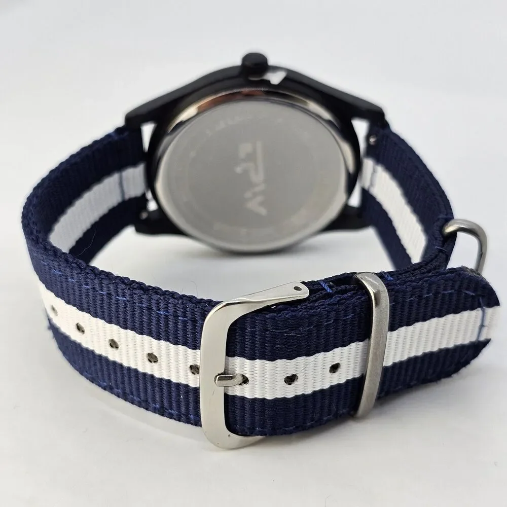 Men's Field Watch 42MM Black Case Black‎ Dial Blue White Canvas Band Straps